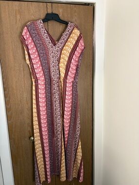 Boho Stripe V-Neck Maxidress in Pink and Mustard